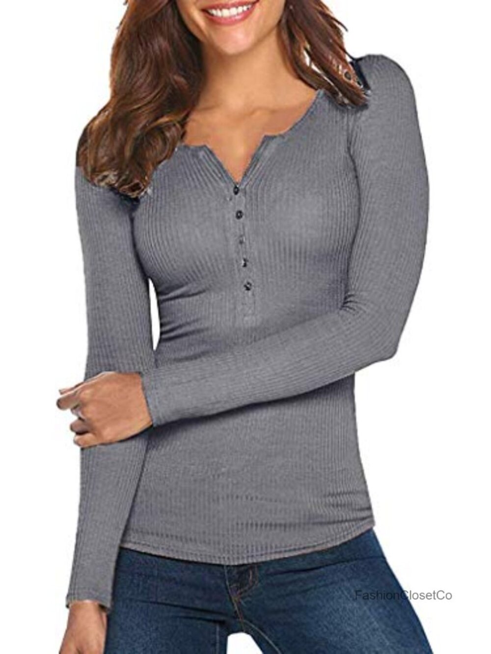 Ribbed Knit Henley V Neck Long Sleeve Button Down Slim Fit Tunic Top Women